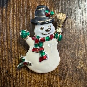 Vintage Snowman Christmas Brooch Pin Red Green Holly Scarf